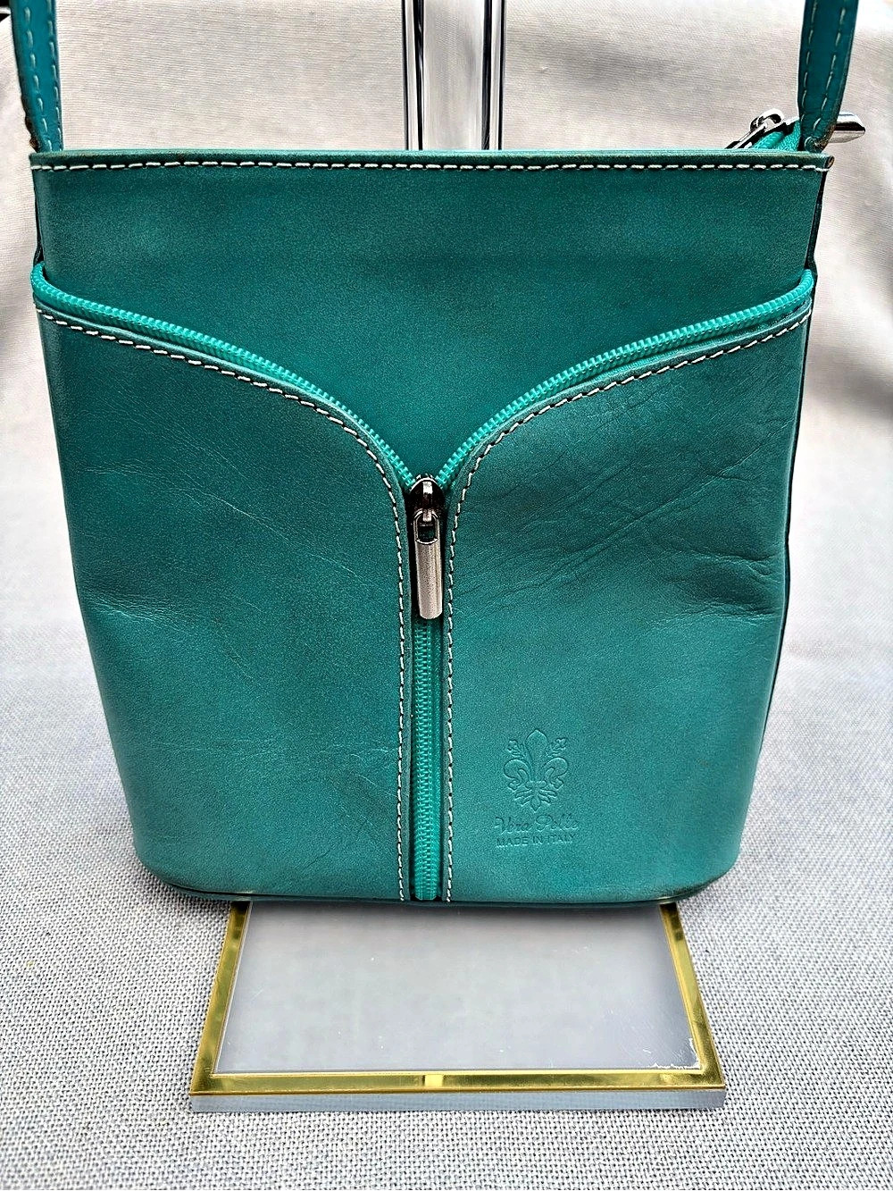 Vera Pelle Leather Crossbody Bag in Aqua Color